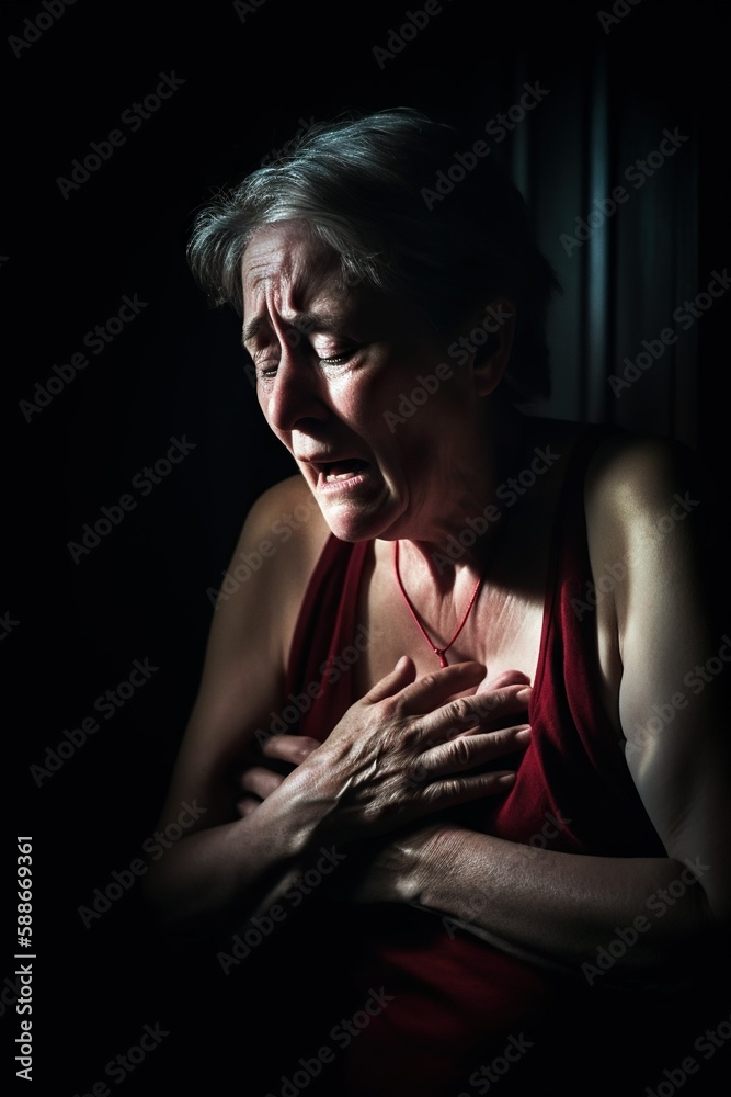 Elder woman experiencing ischemic heart disease in dim lit room
