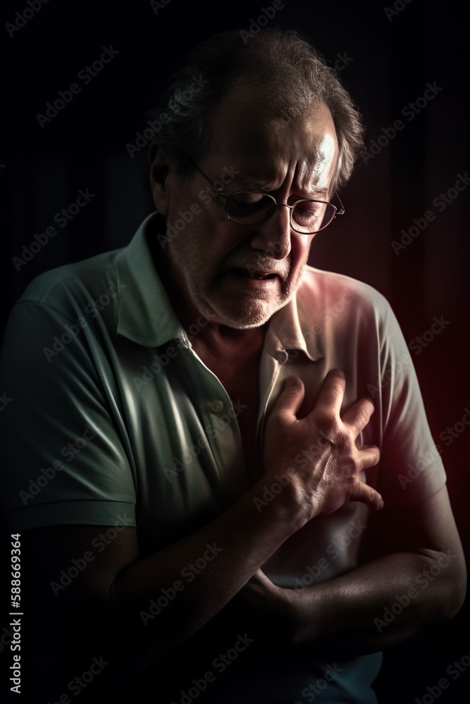 Elder man experiencing ischemic heart disease in dim lit room