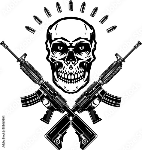 Illustration of the skull with crossed assault rifles. Design element for logo, label, sign, emblem. Vector illustration