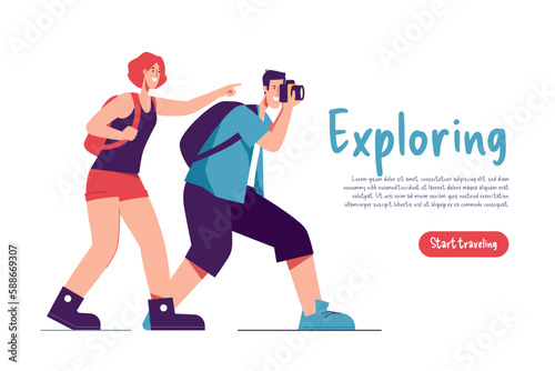 Vector illustration of a couple of tourists travelers with backpacks taking photo