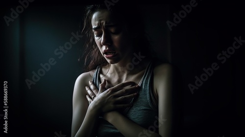Young woman experiencing ischemic heart disease in dim lit room