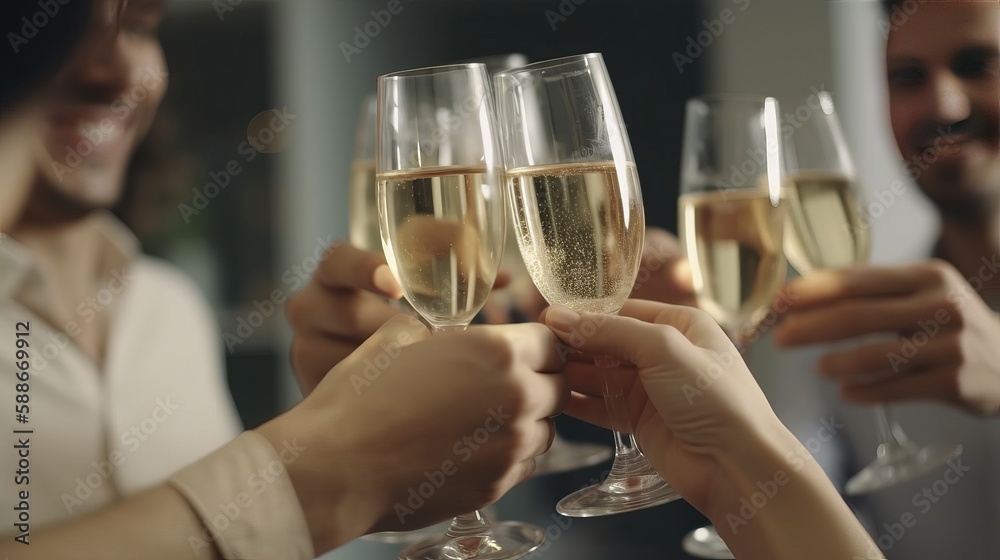 Friends clinking glasses with champagne at party indoors, closeup Generative AI Friends clinking glasses with champagne at party indoors, closeup Generative AI