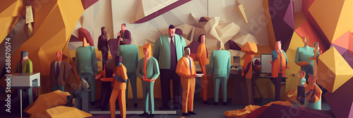 Low Poly Generative AI Illustration of Ethnic Diversity At Work. Different Employees Working Together 