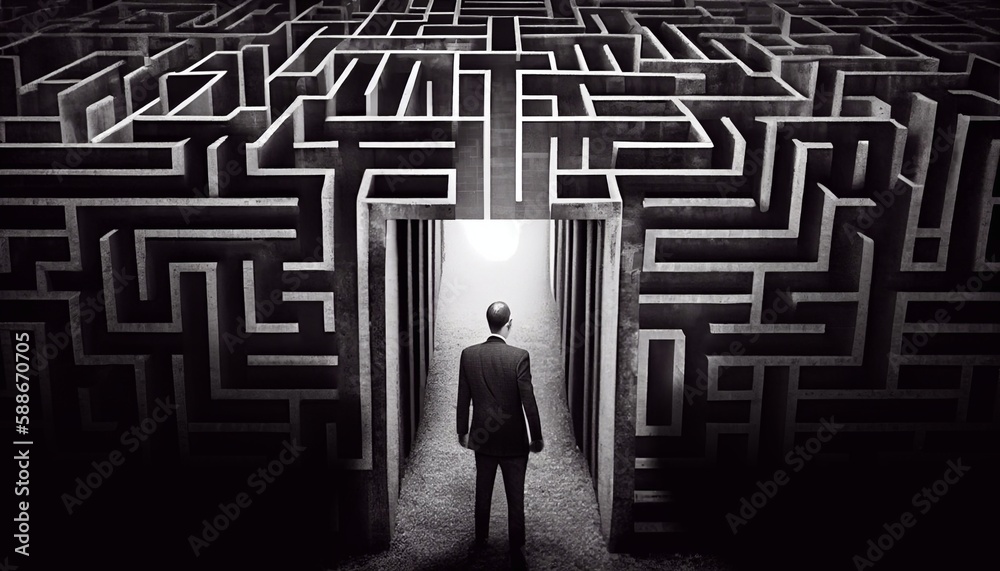 Business Challenge - A businessman at the entrance to a maze. Created with Generative AI Business Challenge - A businessman at the entrance to a maze. Created with Generative AI