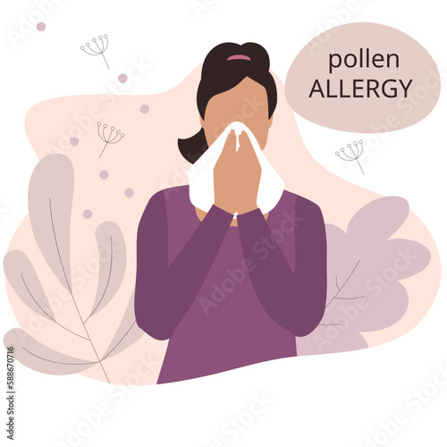 Seasonal allergy. Woman sneezing from pollen and flowers allergy photo