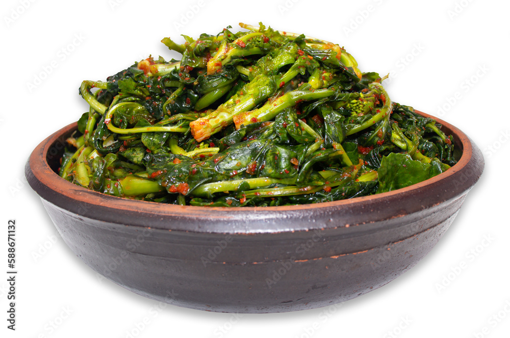 Canola(oilseed rape) Kimchi in an earthen bowl on a white background with clipping path. Korean food. Canola(oilseed rape) Kimchi in an earthen bowl on a white background with clipping path. Korean food.