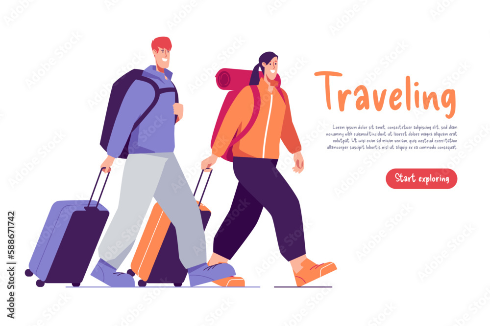 Vector illustration of walking couple of hikers travelers with backpacks and suitcases