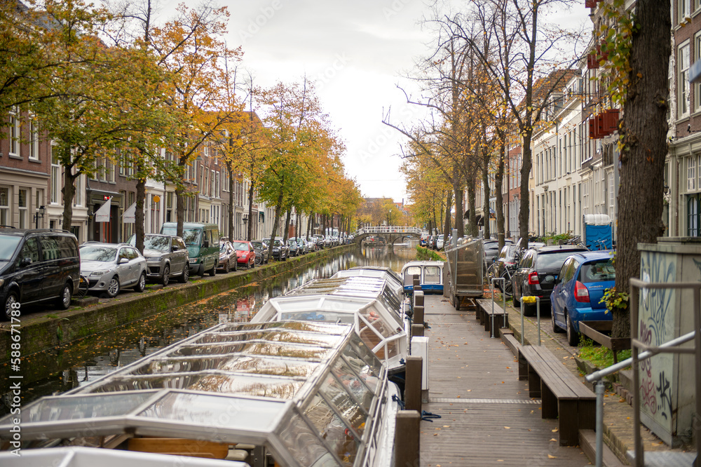 The Netherlands, Delft, October 2022. Main attraction in autumn. excursion boat