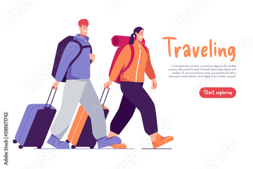 Vector illustration of walking couple of hikers travelers with backpacks and suitcases