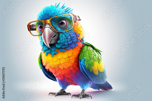Fototapeta Naklejka Na Ścianę i Meble -  Cartoon colorful parrot with sunglasses on isolated background. Generative ai