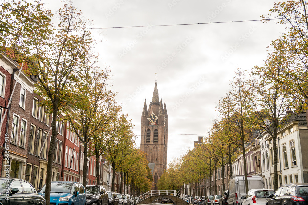 The Netherlands, Delft, October, 2022. Old church in Delft in autumn