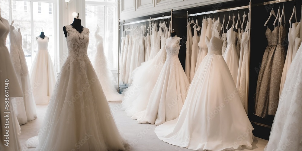 magasin de robes de mariée avec plein de robes exposées - generative ai
