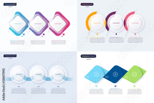 Set of timeline step infographic templates composed of 3 elements