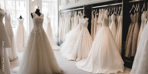magasin de robes de mariée avec plein de robes exposées - generative ai photo
