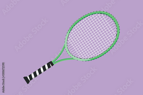 Graphic flat design drawing tennis racket logotype label template symbol. Tennis gear for game. Tennis court sport. Tennis as sport, hobby, classes. Outdoor activity. Cartoon style vector illustration