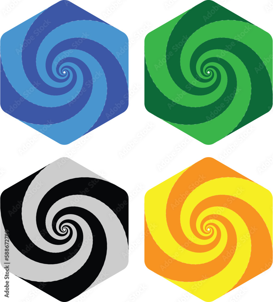 Honeycomb or hexagon rotation in spiral twisted shape. Spirograph template. Dynamic optical illusion. Geometric element isolated on white background. Twisted colored spiral. Vector. Honeycomb or hexagon rotation in spiral twisted shape. Spirograph template. Dynamic optical illusion. Geometric element isolated on white background. Twisted colored spiral. Vector.
