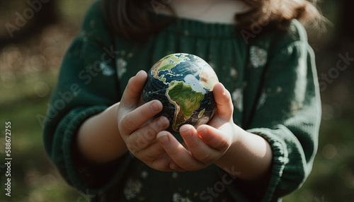 Little girl holding earth globe on her hands