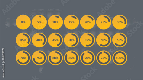 5 10 15 20 25 30 35 40 45 50 55 60 65 70 75 80 85 90 95 100 percent chart. Vector percentage. Yellow gray circle icon set for download, infographic, progress, business, finance