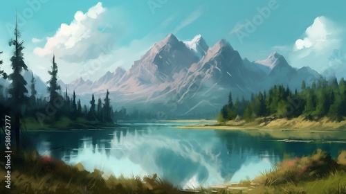 A painting of mountains with a lake. © NoOneSaid