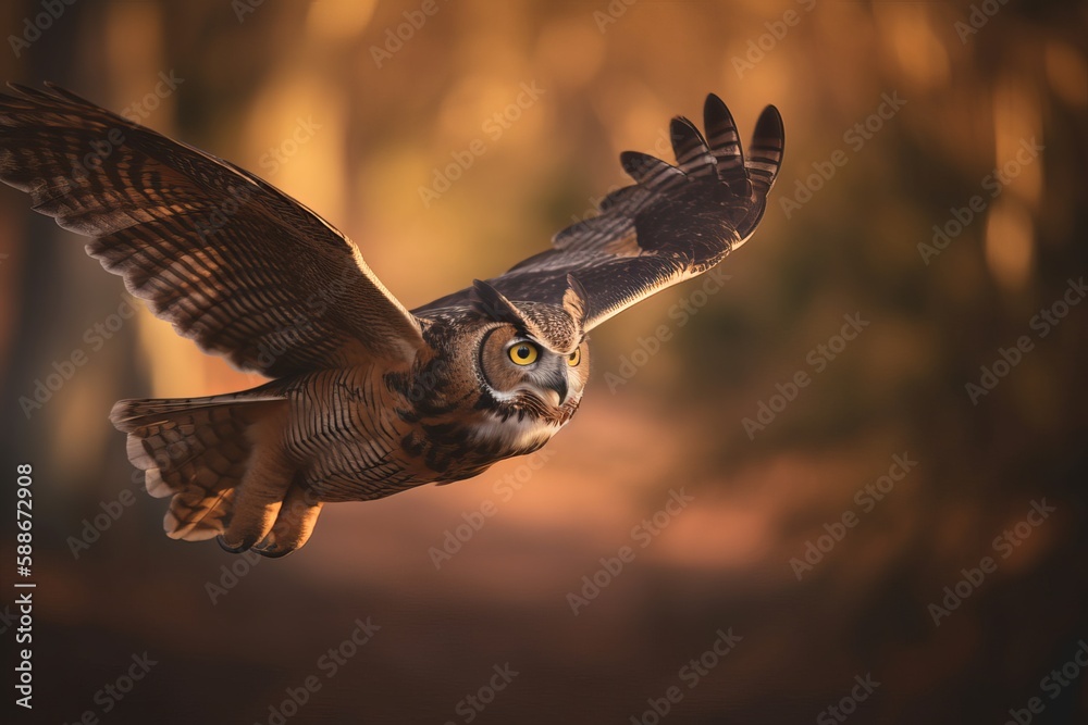 Obraz premium Great Horned Owl in flight with warm summer sunlight