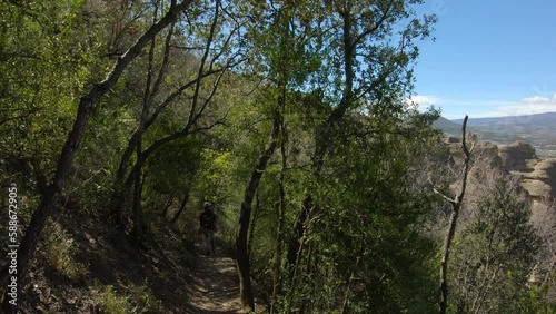 camera movement from landscape of rock towers to a woman hiking on a trail in forest. Video in slow motion