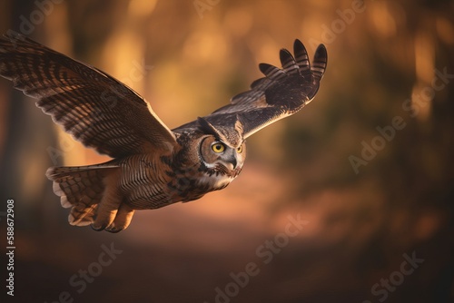 Great Horned Owl in flight with warm summer sunlight