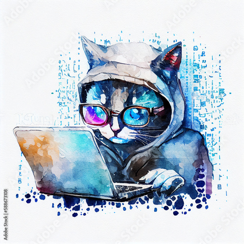 Cat hacker or program developer with laptop watercolor illustration. Funny pet character in goggles palying computer game or explore virtual reality. Modern futuristic kawaii cool domestic animal