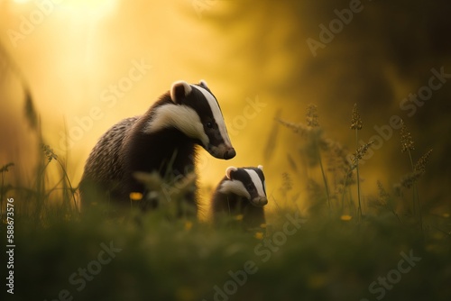 Female European Badger and her baby cub walking through the woodland