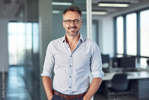 Business man with shirt stands contented and smiling in modern office - theme start-up, success, career and innovation - Generative AI © Steffen Kögler