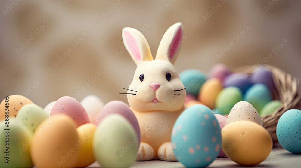 Spring into Festive Fun: Celebrating Easter with Adorable Bunnies and Colorful Eggs. Generative AI illustration.