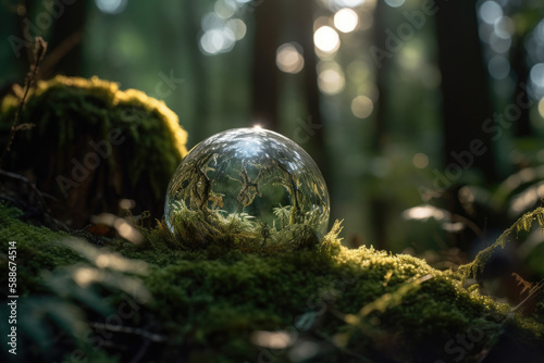 crystal globe resting on moss in a forest -environment concept 