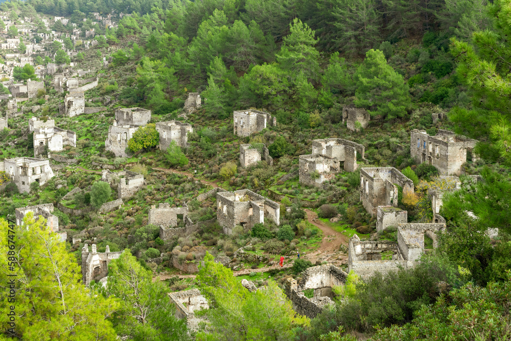 Abandoned Greek village in Turkey. Stone houses and ruins of Fethiye Kayakoy.