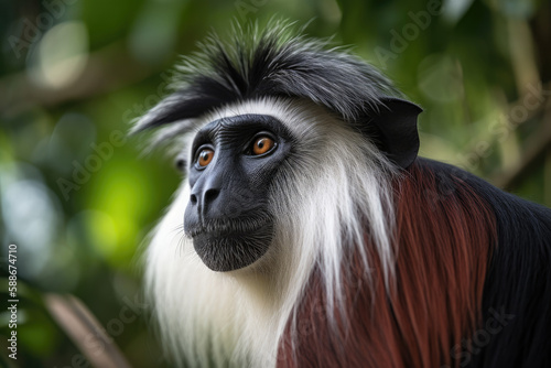 Portrait of Abyssinian Black-and-White Colobus Monkey, beautiful African primate. photo