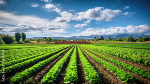 Growing lettuce in rows in a field on a sunny day. Generative AI