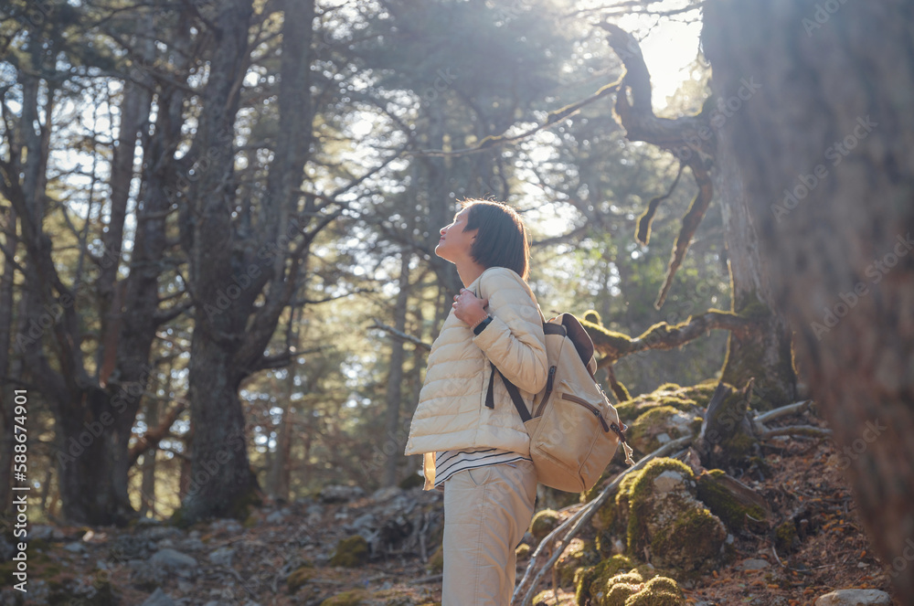 asian woman enjoys being in nature, beautiful forest in mountains. embracing fresh air and engaging in outdoor activities. Friluftsliv concept means spending as much time outdoors as possible