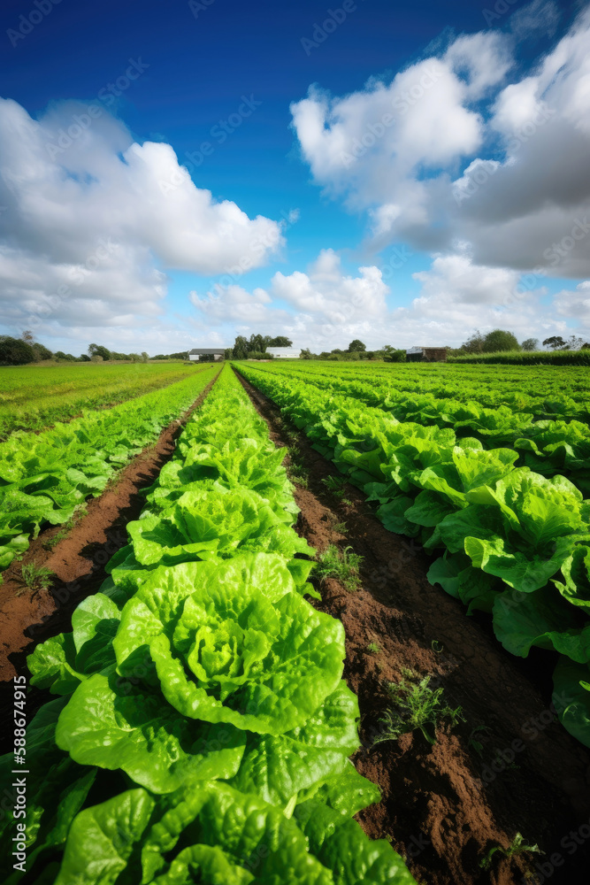 Growing lettuce in rows in a field on a sunny day. Generative AI Growing lettuce in rows in a field on a sunny day. Generative AI