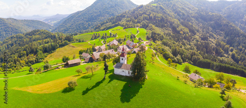 Aerial view of the church sv. Tomaz, Slovenia.