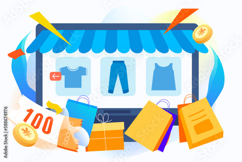People shopping online with mobile phone and shopping cart in the background, vector illustration