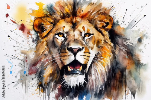 the lion head is painted in watercolors, Generative AI 