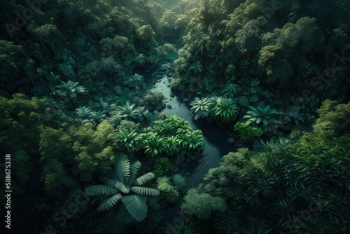 Drone shot of a jungle valley and a lake, generative AI