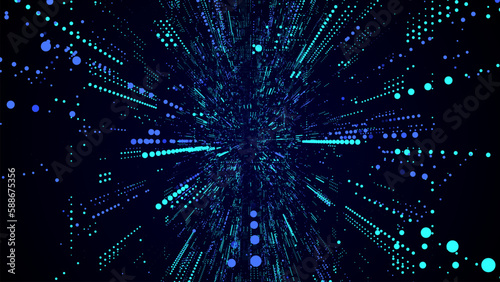 Vector abstract sci-fi tunnel. Digital database cyberspace. Decoding algorithms hacked software in funnel. Wormhole with cyber security from particles. 3D portal.