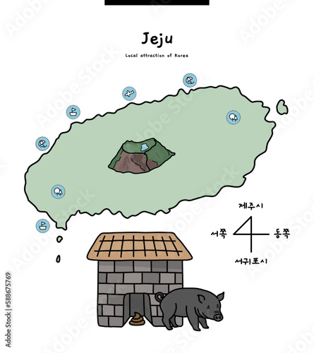 This is a map of Jeju Island in Korea and a black pig, a culture that only exists in Jeju Island. It's a black pig that eats poop. (Translation: Jeju City, Seogwipo City, East and West)

