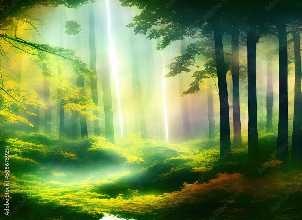 Fantasy mystical forest. Foggy green, dark forest.