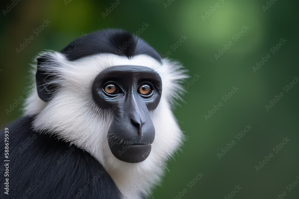 Portrait of Abyssinian Black-and-White Colobus Monkey, beautiful African primate.