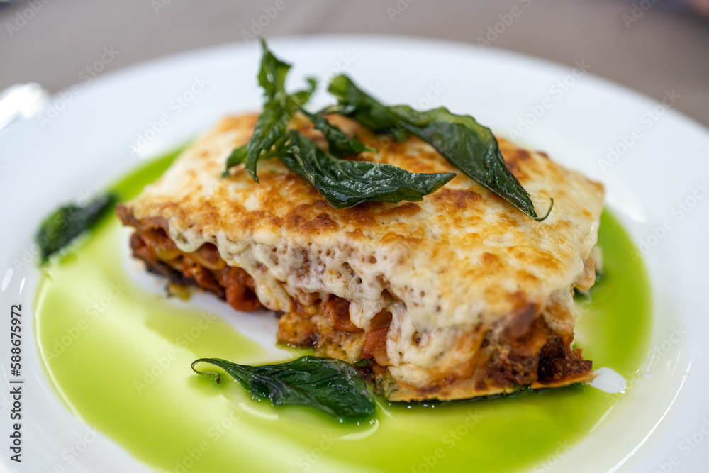 Popular Italian dish Seafood Lasagna at restaurant Popular Italian dish Seafood Lasagna at restaurant
