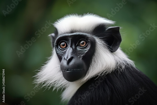 Portrait of Abyssinian Black-and-White Colobus Monkey, beautiful African primate. © imlane