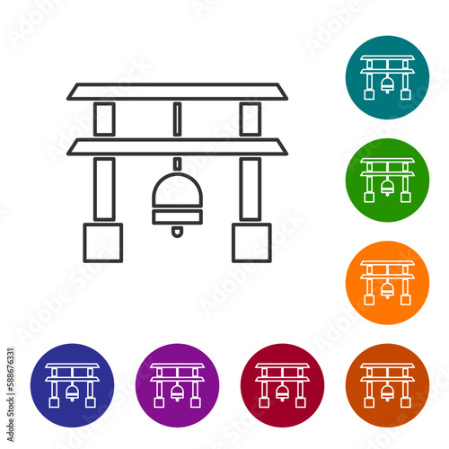 Black line Japan Gate icon isolated on white background. Torii gate sign. Japanese traditional classic gate symbol. Set icons in color circle buttons. Vector Illustration