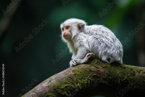 Rare little rainforest monkey with silvery white fur lying on a branch with blurred green background. photo