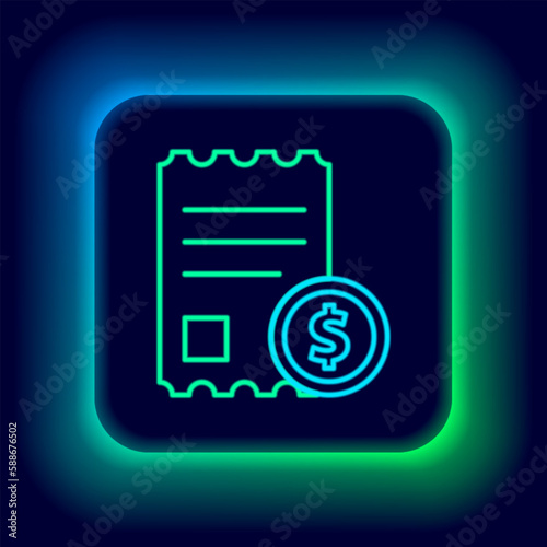 Glowing neon line Paper check and financial check icon isolated on black background. Paper print check, shop receipt or bill. Colorful outline concept. Vector