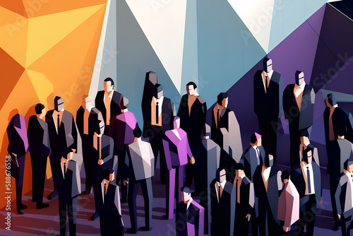 Low Poly Generative AI Illustration of Ethnic Diversity At Work. Different Employees Working Together 